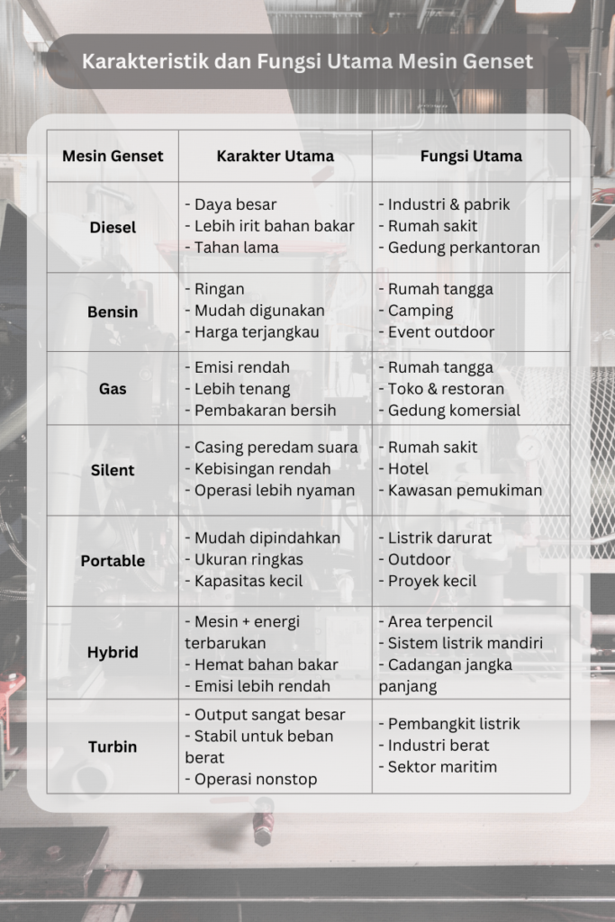 tabel perbandingan mesin genset