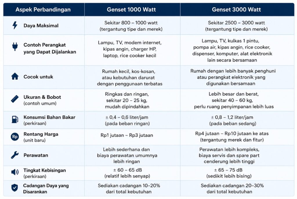 Perbedaan genset 1000 dan 3000 watt
