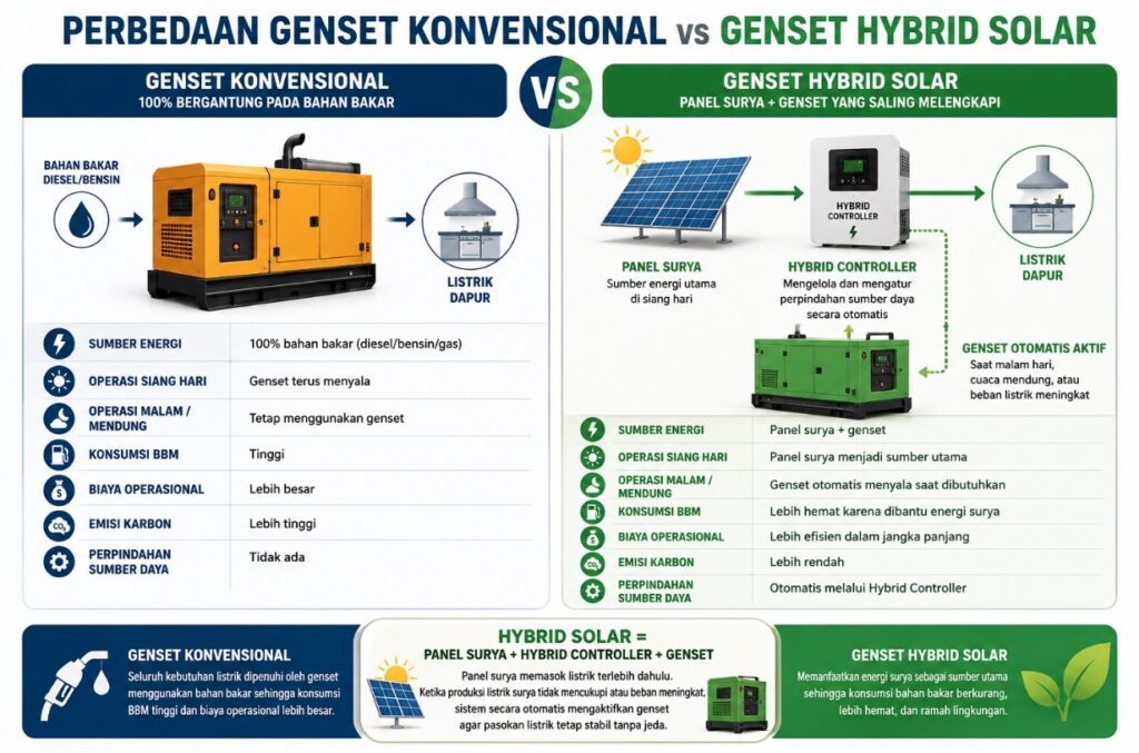 perbedaan genset konvensional vs genset hybrid solar