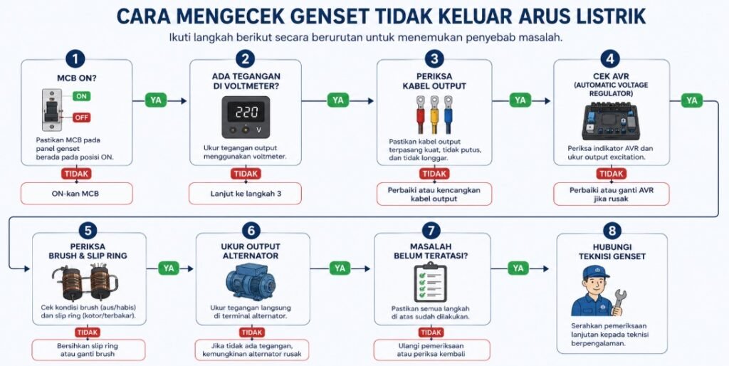 Cara Mengecek Penyebab Genset Tidak Keluar Arus Listrik
